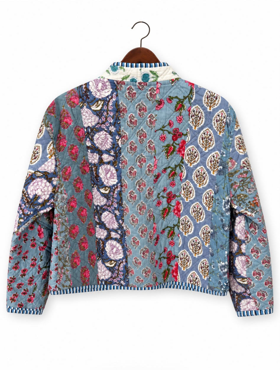 Blue Patchwork Reversible Quilted Cotton Jacket