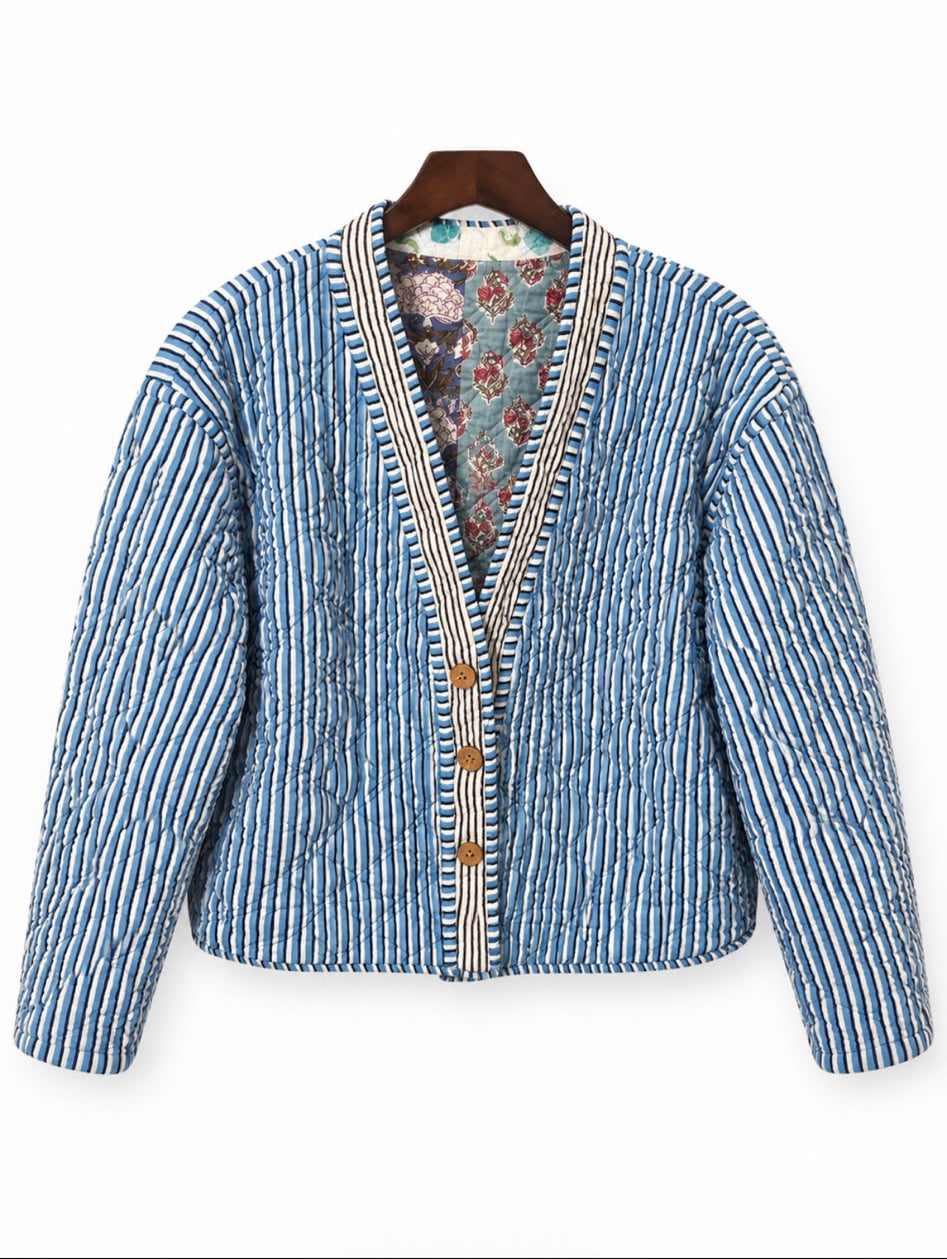 Blue Patchwork Reversible Quilted Cotton Jacket