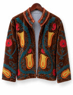 Chocolate Brown Tulip Embroidered Velvet Jacket