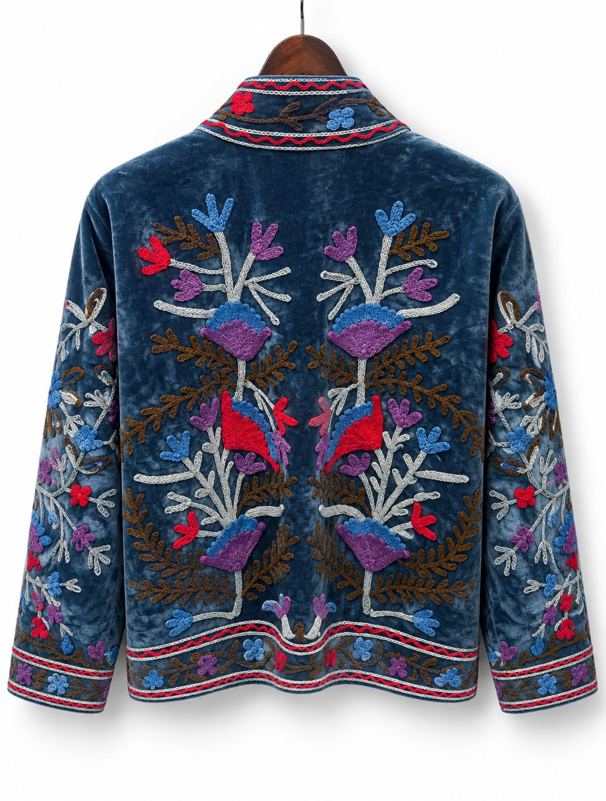 Slate Blue Floral Embroidered Velvet Jacket