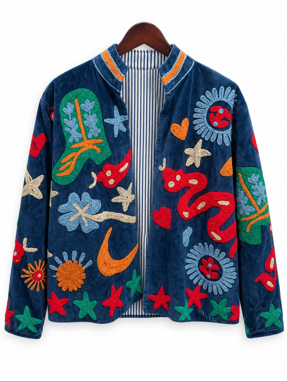 Navy Folk Motif Embroidered Velvet Jacket